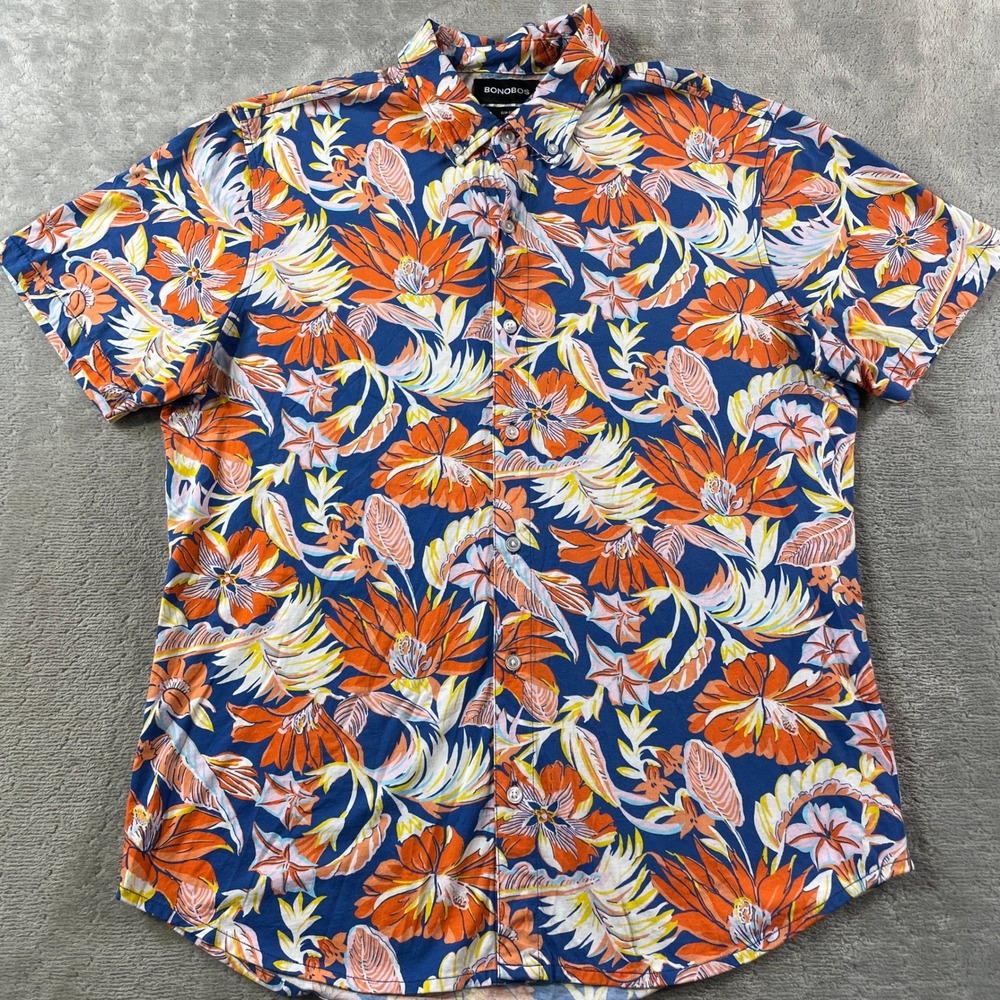Bonobos Shirt Mens Large Orange Floral Slim Fit Pima Beach Hawaiian Resort